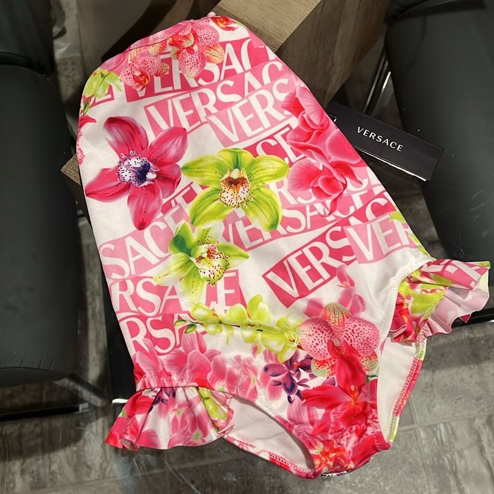 Versace Girls' Orchid & Logo Print Swimsuit, NWT, Size 36 Months - Picture 4 of 6